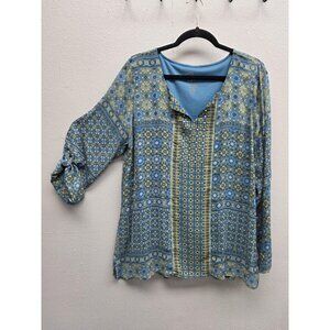 Miraclebody Shirt Womens Large Blue Yellow Geometric Print Pullover Lined Top